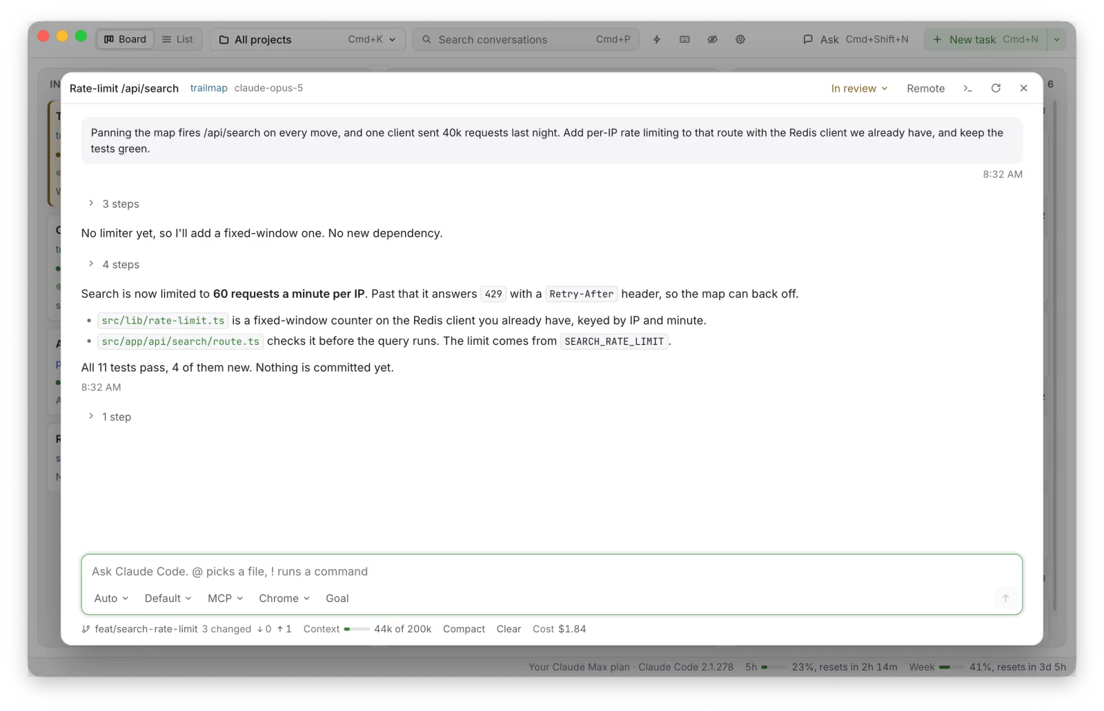 A card opened over the board: the Claude Code conversation, marked In review
