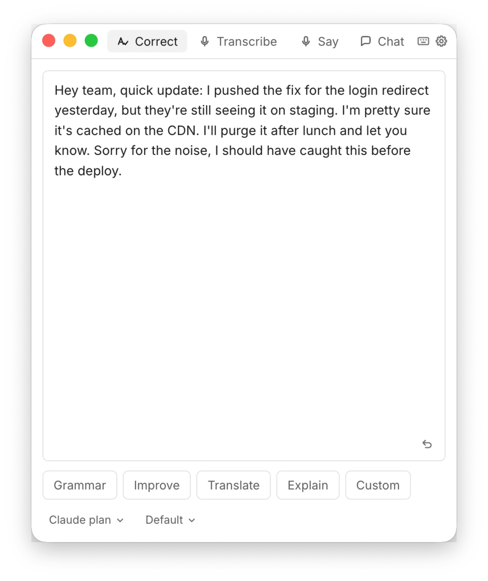The Correct tab with a message to fix and the Grammar, Improve, Translate, Explain and Custom buttons