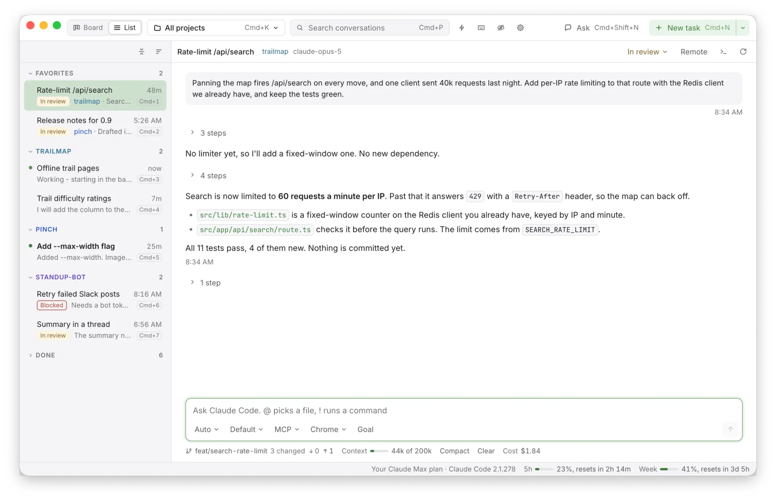 The list view: conversations grouped by project in a sidebar, with favorites at the top