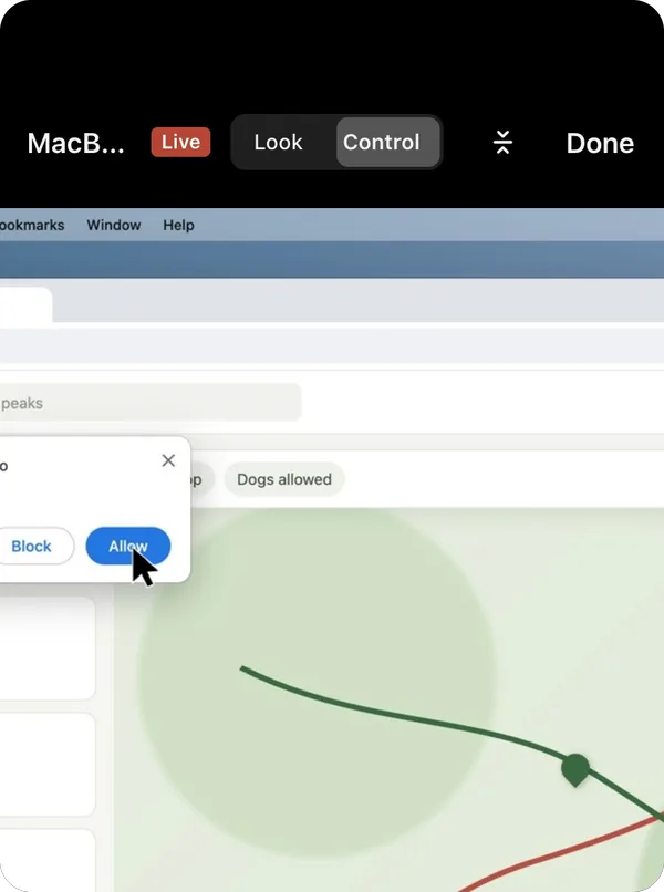 The Mac's screen on the iPhone in Control mode, the pointer on Chrome's Allow button