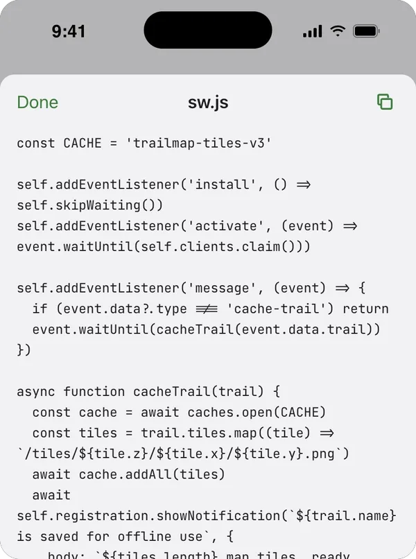 sw.js, a file Claude named in the conversation, open on the iPhone