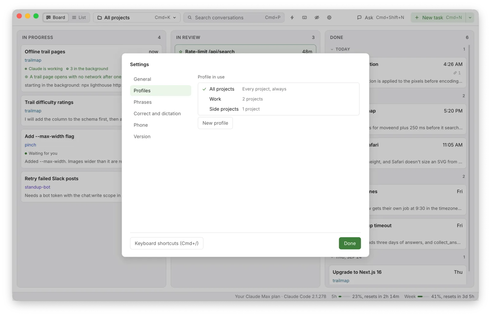 Settings, Profiles: All projects, Work and Side projects